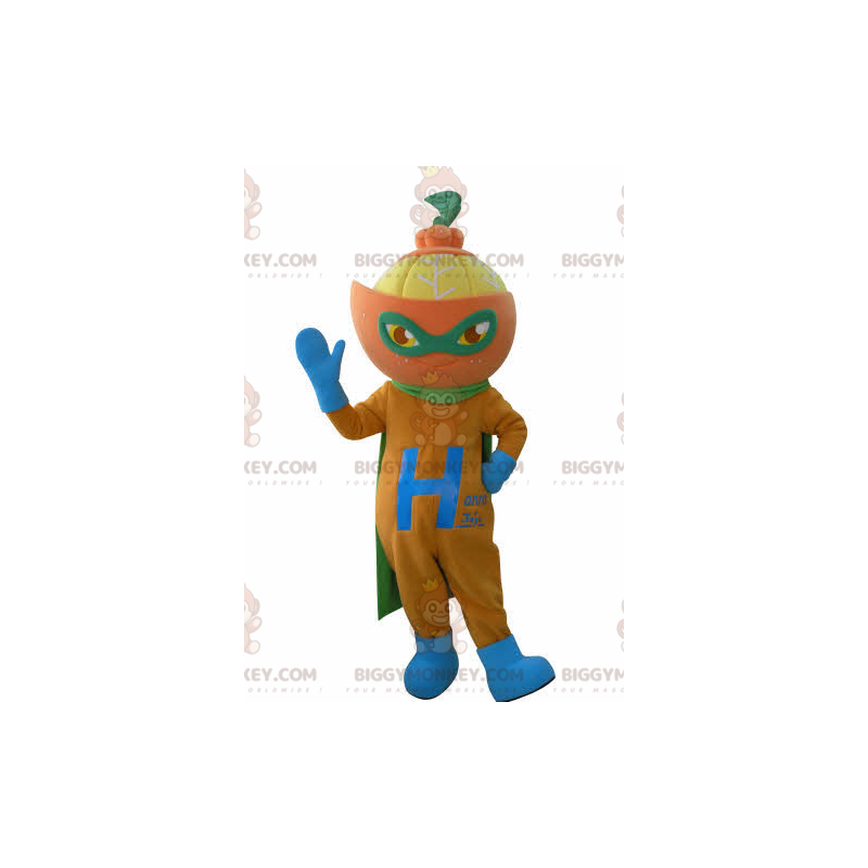 Orange BIGGYMONKEY™ mascot costume dressed as a superhero.