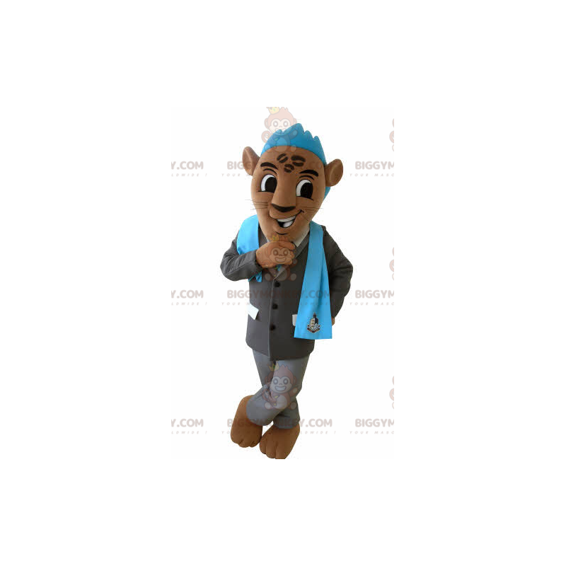 Ruskea tiikeri BIGGYMONKEY™ maskottiasu puvulla ja sinisellä Ruskea tiikeri BIGGYMONKEY™ maskottiasu puvulla ja sinisellä
