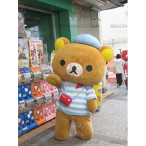 Disfraz de mascota BIGGYMONKEY™ de osito de peluche marrón vestido con un top a rayas - Mascota oso - BiggyMonkey.com