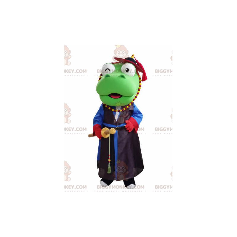 Costume de mascotte BIGGYMONKEY™ de dragon vert en tenue de Costume de mascotte BIGGYMONKEY™ de dragon vert en tenue de