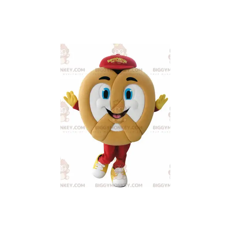 Zeer lachende gigantische pretzel BIGGYMONKEY™ mascottekostuum Zeer lachende gigantische pretzel BIGGYMONKEY™ mascottekostuum