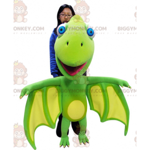 Traje de mascote BIGGYMONKEY™ Dragão verde e amarelo com asas