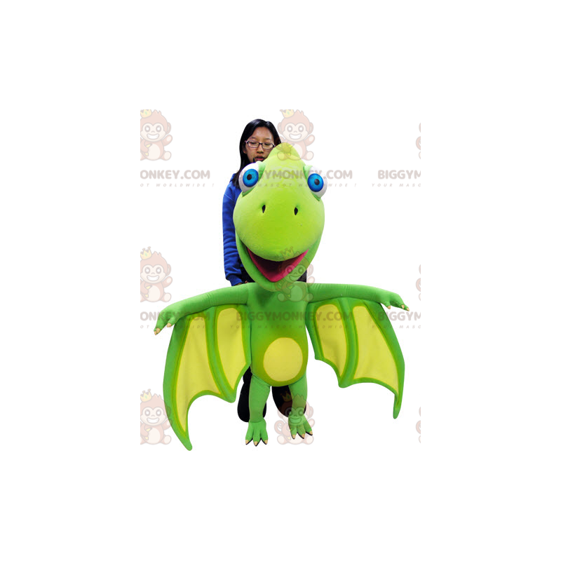 BIGGYMONKEY™ Maskotdräkt Grön och gul drake med stora vingar - Dragon maskot - BIGGYMONKEY_04747 - BiggyMonkey.com