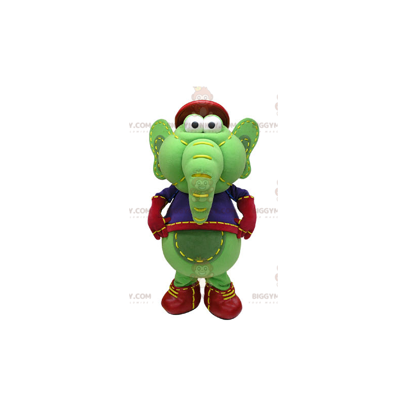 BIGGYMONKEY™ maskotkostume Grøn og gul elefant i blåt og rødt BIGGYMONKEY™ maskotkostume Grøn og gul elefant i blåt og rødt