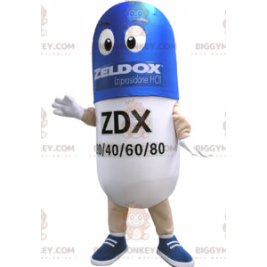 Costume de mascotte BIGGYMONKEY™ de pilule bleue et blanche.