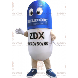 Traje de mascote BIGGYMONKEY™ com pílula azul e branca. Traje