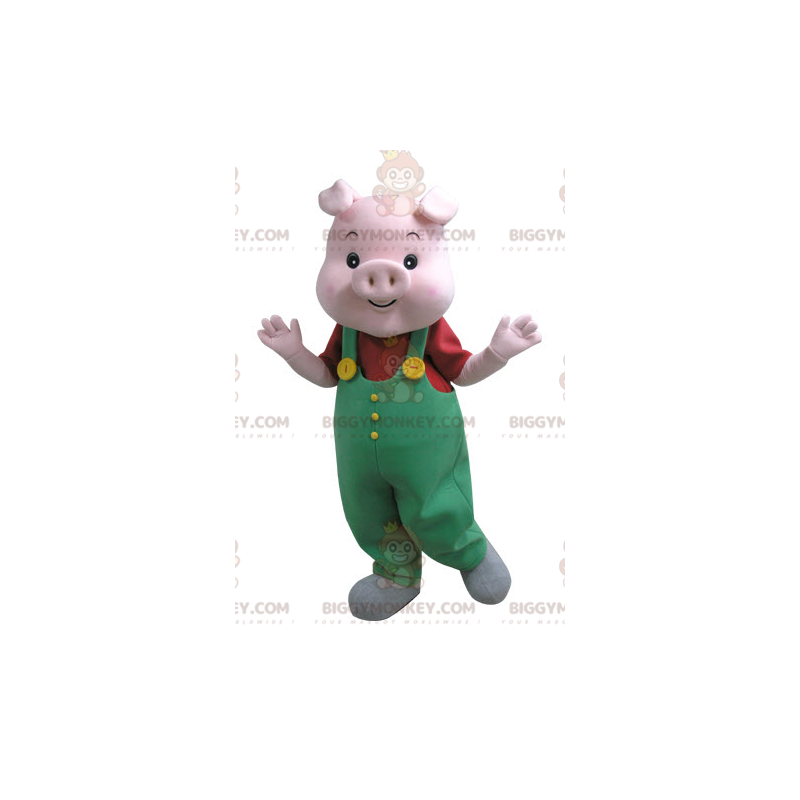 BIGGYMONKEY™ Costume da mascotte di maiale rosa con tuta verde BIGGYMONKEY™ Costume da mascotte di maiale rosa con tuta verde