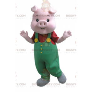 BIGGYMONKEY™ Pink grisemaskotkostume med grønne overalls - Grise-maskoter - BIGGYMONKEY_04812 - BiggyMonkey.com