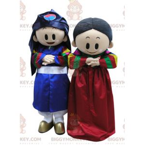 2 mascotas BIGGYMONKEY™ de niño y niña con atuendos coloridos -