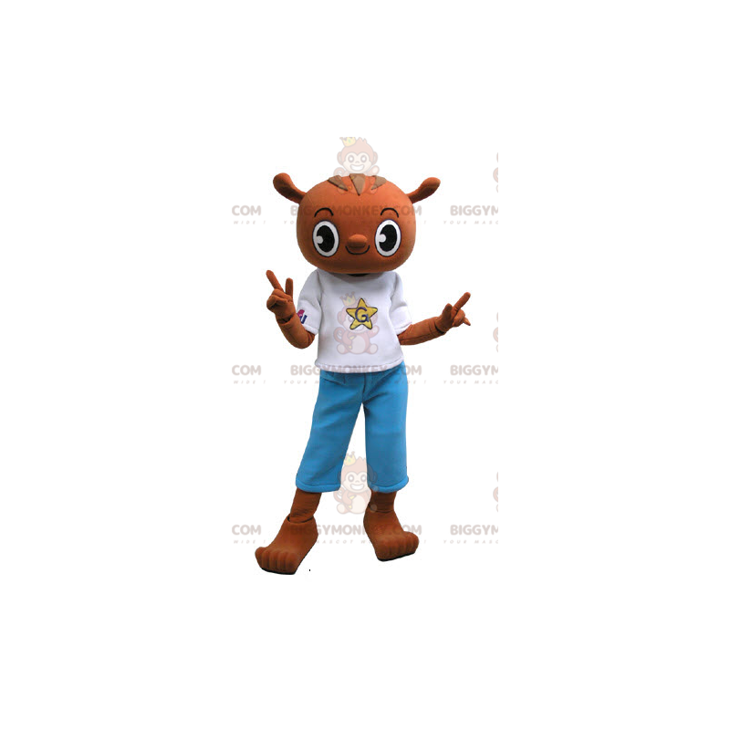 Costume da mascotte marrone Teddy BIGGYMONKEY™ con abito blu e Costume da mascotte marrone Teddy BIGGYMONKEY™ con abito blu e
