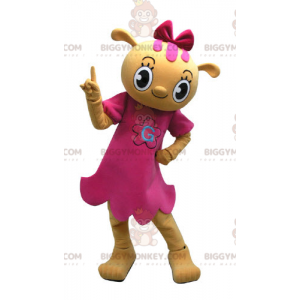 Traje de mascote BIGGYMONKEY™ Teddy amarelo com vestido rosa –