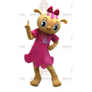 BIGGYMONKEY™ Mascot Costume Yellow Teddy Wearing Pink Dress -