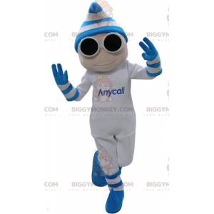 BIGGYMONKEY™ White and Blue Snowman Mascot Costume with Glasses