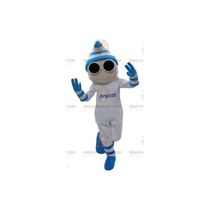 BIGGYMONKEY™ White and Blue Snowman Mascot Costume with Glasses BIGGYMONKEY™ White and Blue Snowman Mascot Costume with Glasses