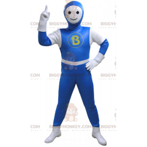 Kostým maskota sněhuláka BIGGYMONKEY™ v modrobílém overalu –