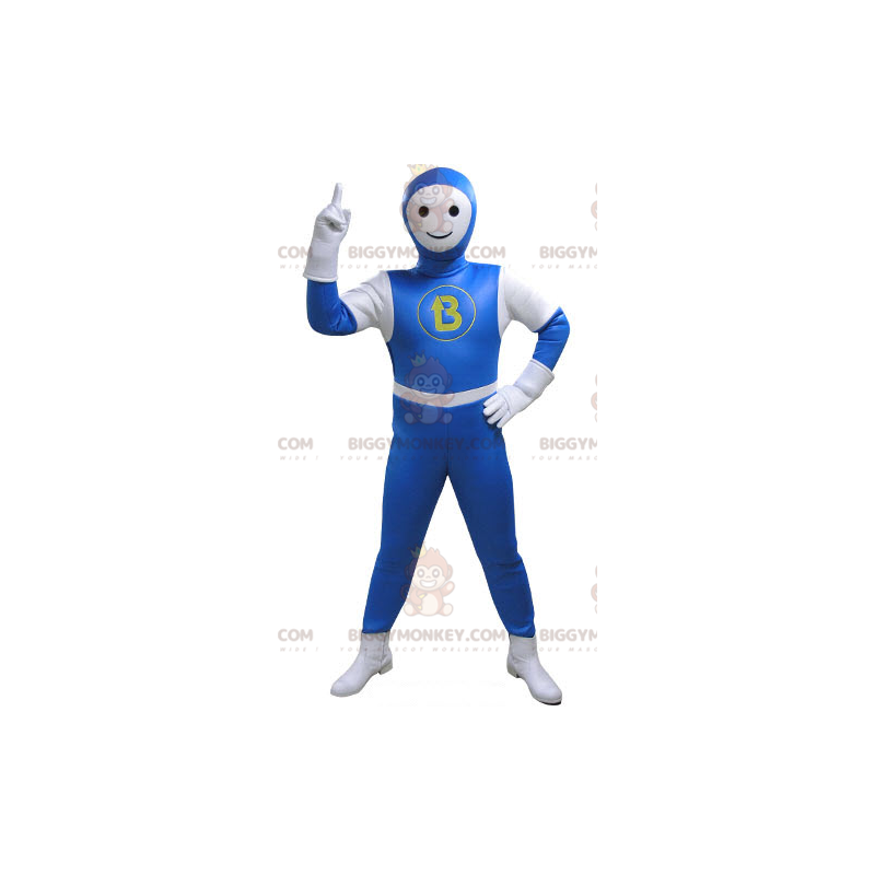 Snögubbe BIGGYMONKEY™ maskotdräkt klädd i blå och vit jumpsuit Snögubbe BIGGYMONKEY™ maskotdräkt klädd i blå och vit jumpsuit