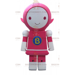 Χαμογελαστό ροζ και λευκό ρομπότ στολή μασκότ BIGGYMONKEY™ -