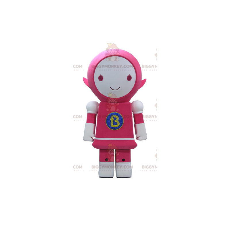 Kostým s úsměvem růžového a bílého robota BIGGYMONKEY™ maskota - Lidští maskoti - BIGGYMONKEY_04848 - BiggyMonkey.com