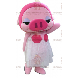 BIGGYMONKEY™ Pink Pig Mascot Costume Make Up With White Dress -