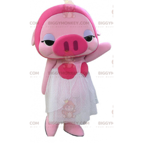 BIGGYMONKEY™ Kostým maskota růžového prasete s bílými šaty - Prase maskoti - BIGGYMONKEY_04866 - BiggyMonkey.com
