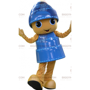 Very Smiling Yellow and Blue Snowman BIGGYMONKEY™ Mascot