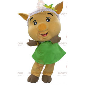 BIGGYMONKEY™ Mascot Costume Yellow Pig With Green Dress -