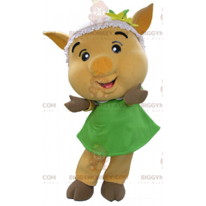 BIGGYMONKEY™ maskottiasu, keltainen possu ja vihreä mekko -