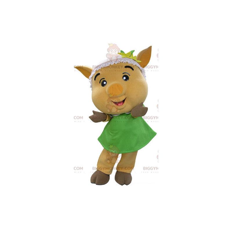BIGGYMONKEY™ mascottekostuum geel varken met groene jurk - BIGGYMONKEY™ mascottekostuum geel varken met groene jurk -