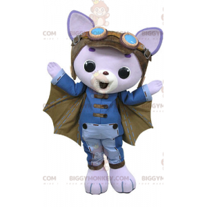 Costume da mascotte gatto viola BIGGYMONKEY™ con ali ed elmetto
