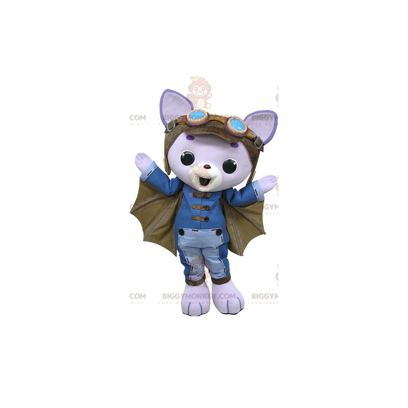 Traje de mascote de gato roxo BIGGYMONKEY™ com asas e capacete Traje de mascote de gato roxo BIGGYMONKEY™ com asas e capacete