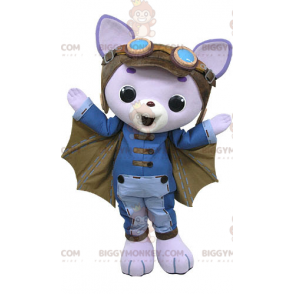 Costume da mascotte gatto viola BIGGYMONKEY™ con ali ed elmetto