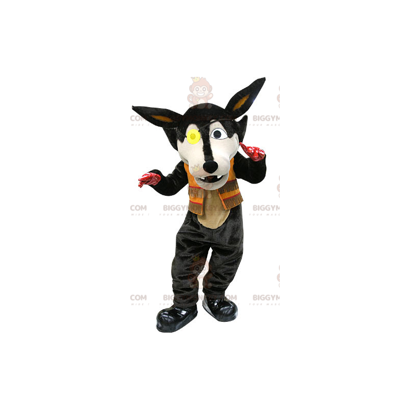 Costume da mascotte BIGGYMONKEY™ lupo nero con benda Costume da mascotte BIGGYMONKEY™ lupo nero con benda