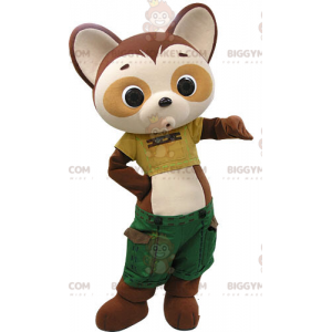 Brown and Tan Panda BIGGYMONKEY™ Mascot Costume Wearing Green