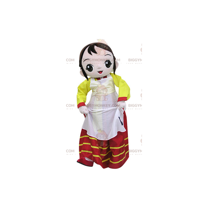 Woman BIGGYMONKEY™ Mascot Costume Dressed in Colorful Dress – Woman BIGGYMONKEY™ Mascot Costume Dressed in Colorful Dress –