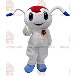 BIGGYMONKEY™ Maskotdräkt Vit och blå kanin med röd veke - Kaninmaskot - BIGGYMONKEY_04906 - BiggyMonkey.com