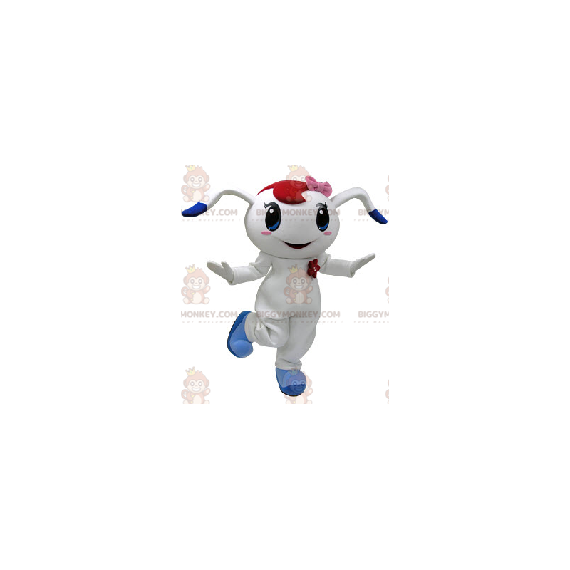 Traje de mascote BIGGYMONKEY™ Coelho branco e azul com laço