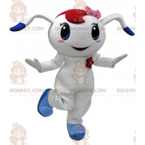 Traje de mascote BIGGYMONKEY™ Coelho branco e azul com laço