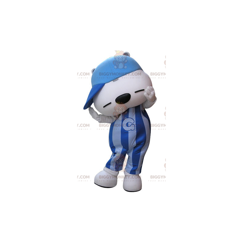 Blau-weißer Teddybär BIGGYMONKEY™ Maskottchen-Kostüm mit Mütze Blau-weißer Teddybär BIGGYMONKEY™ Maskottchen-Kostüm mit Mütze