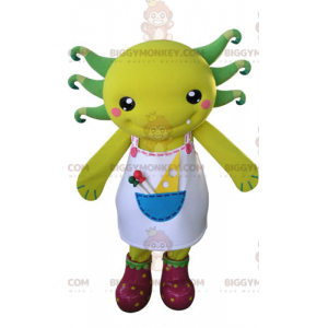 Gelbes und grünes BIGGYMONKEY™-Maskottchen-Kostüm mit Schürze -
