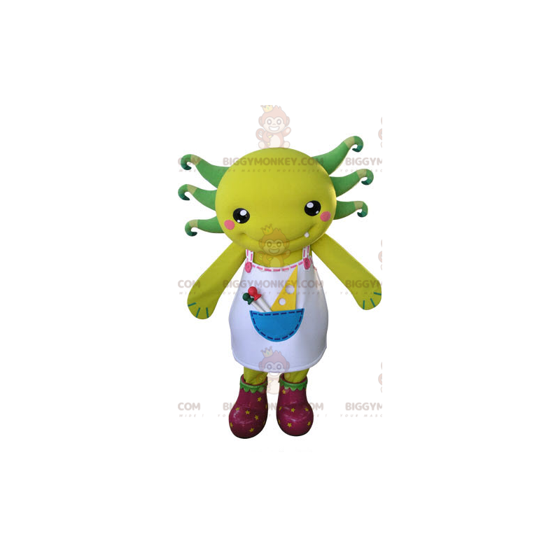 Gelbes und grünes BIGGYMONKEY™-Maskottchen-Kostüm mit Schürze - Gelbes und grünes BIGGYMONKEY™-Maskottchen-Kostüm mit Schürze -
