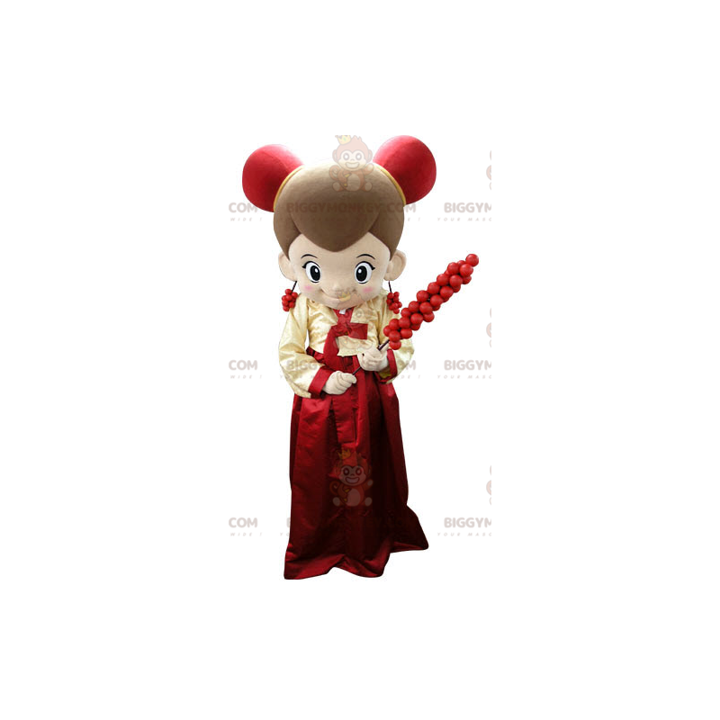 Garota de fantasia de mascote BIGGYMONKEY™ vestida de vermelho Garota de fantasia de mascote BIGGYMONKEY™ vestida de vermelho