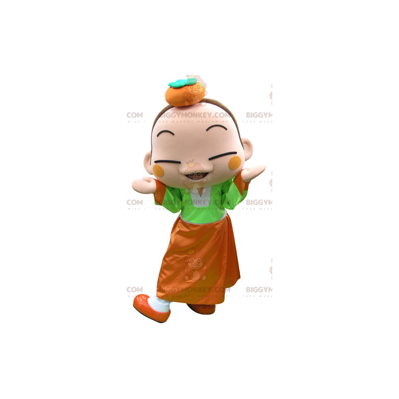 Farverigt pige BIGGYMONKEY™ maskotkostume med en appelsin på Farverigt pige BIGGYMONKEY™ maskotkostume med en appelsin på