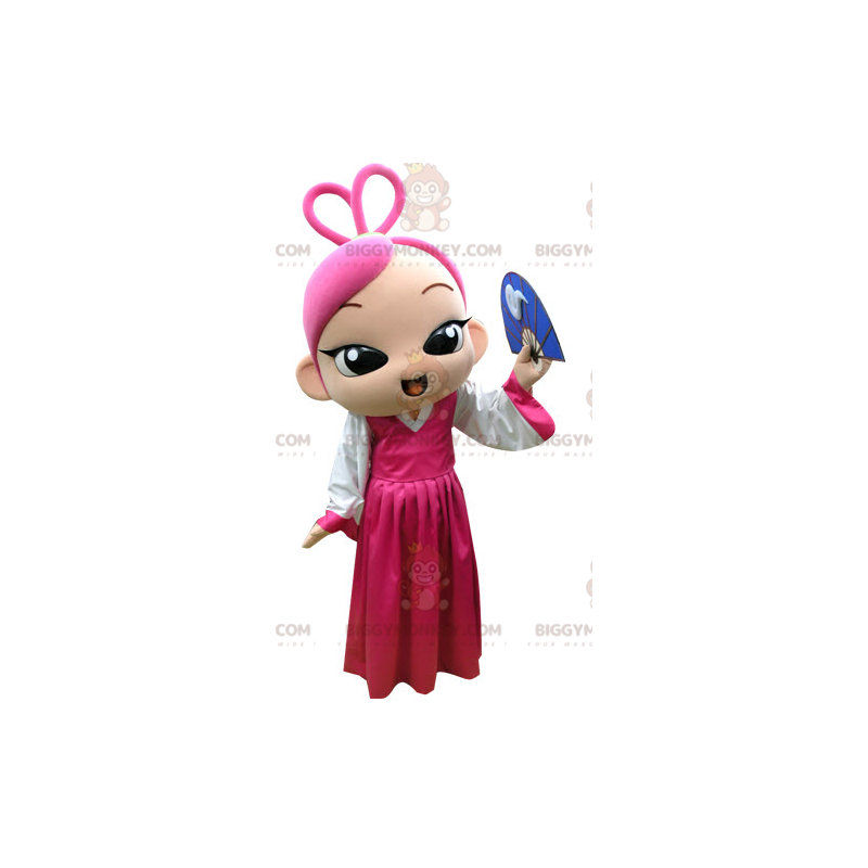 Pink Hair Girl BIGGYMONKEY™ maskotkostume med pink kjole - Pink Hair Girl BIGGYMONKEY™ maskotkostume med pink kjole -
