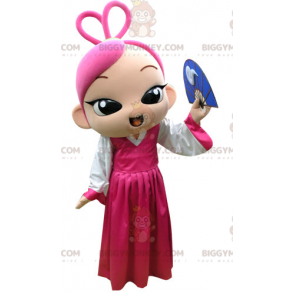 Pink Hair Girl BIGGYMONKEY™ Maskottchenkostüm mit pinkfarbenem Kleid - Maskottchen für Jungen und Mädchen - BiggyMonkey.com