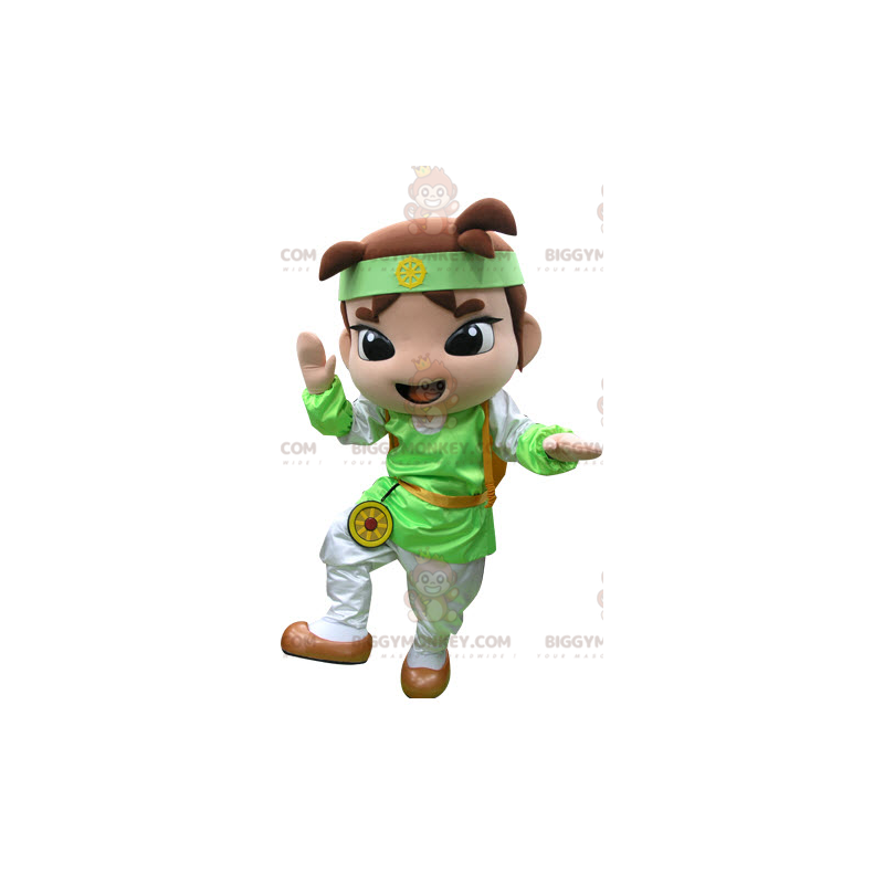Brown Boy BIGGYMONKEY™ Mascot Costume with Green and White