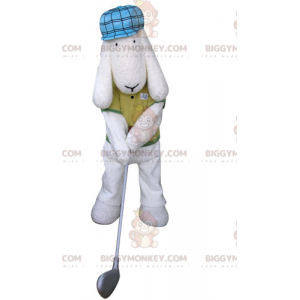 Vit hund BIGGYMONKEY™ maskotdräkt klädd i golfaroutfit -