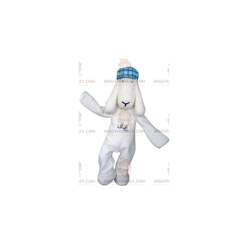 Costume de mascotte BIGGYMONKEY™ de chien blanc avec un béret Costume de mascotte BIGGYMONKEY™ de chien blanc avec un béret