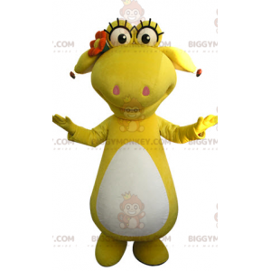 BIGGYMONKEY™ yellow and white dinosaur mascot costume. yellow