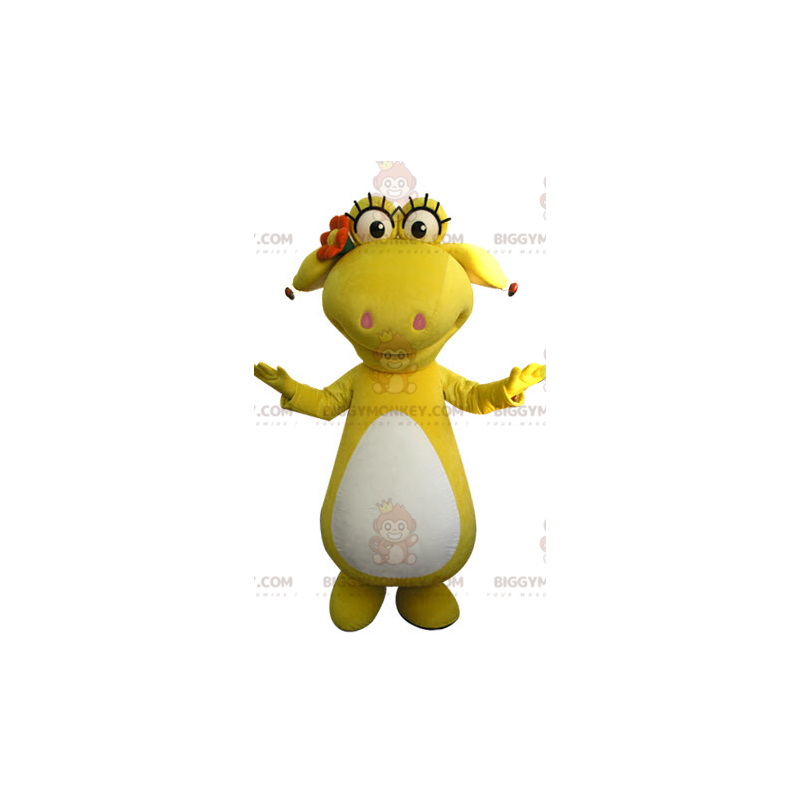 Kostium maskotki żółtego i białego dinozaura BIGGYMONKEY™. Kostium maskotki żółtego i białego dinozaura BIGGYMONKEY™.