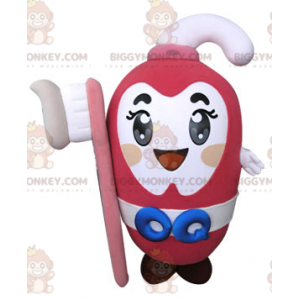 Creme dental rosa BIGGYMONKEY™ fantasia de mascote segurando a